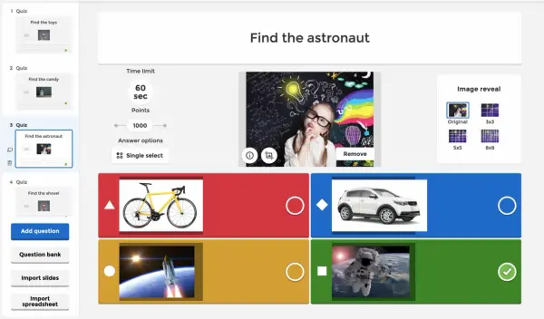 Quiz-Erstellung: Finde den Astronauten. Eine Mentimeter Alternative auf Deutsch, mit Bildoptionen und Zeitlimit.