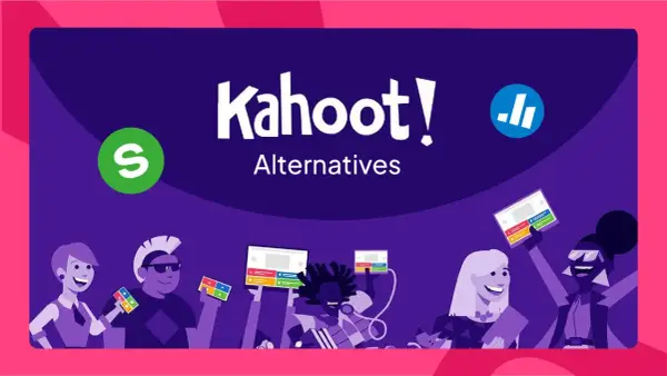 Quiz-Spaß mit kahoot Alternativen kostenlos! Mehrere bunte Quiz-Karten und Tablets werden von fröhlichen Menschen gehalten.